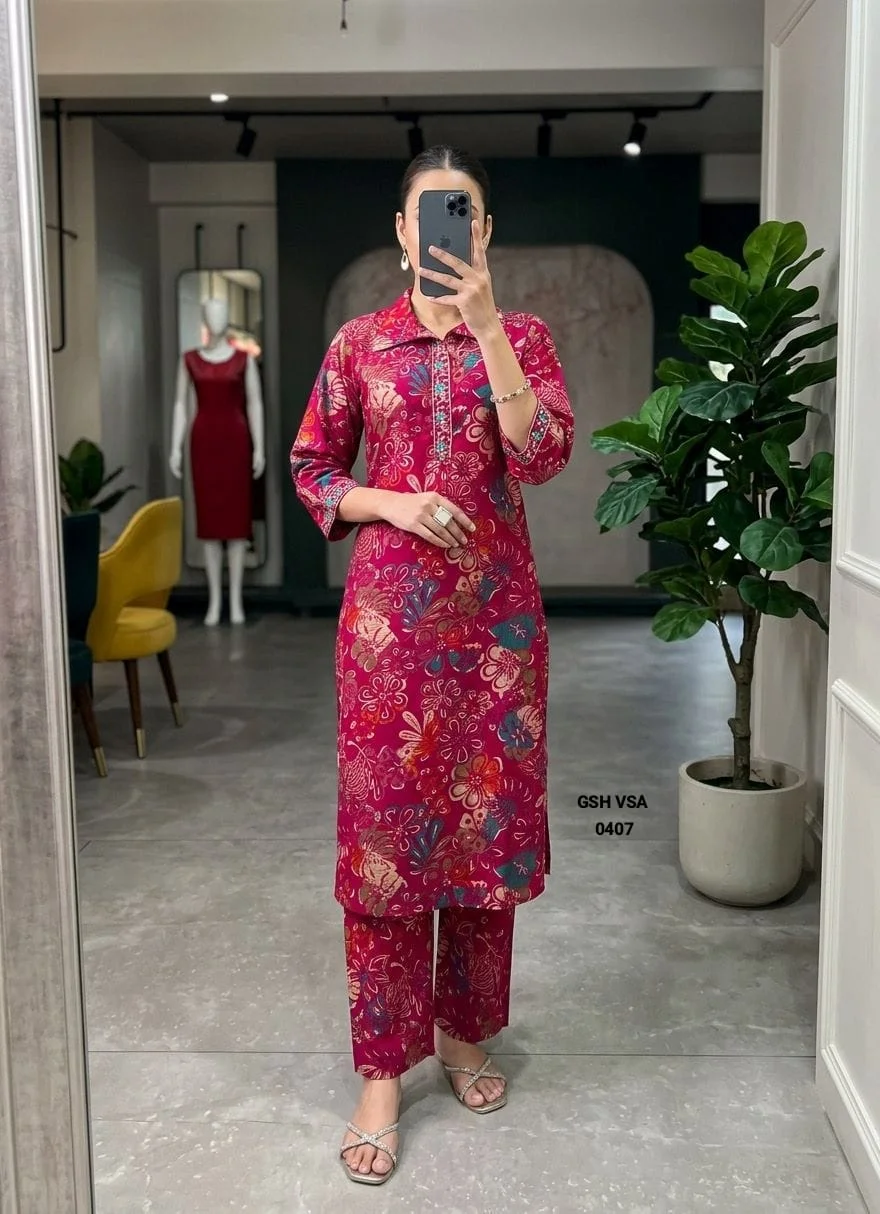 Rani Pink Floral Printed Cotton Elegant Kurta Set
